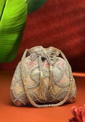 Dangle Gold And Pastel Multi Vermicular Embellished Faux Silk Potli