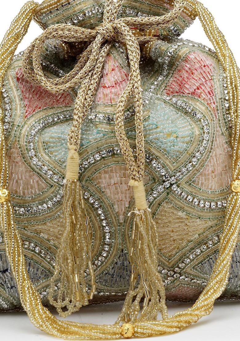 Dangle Gold And Pastel Multi Vermicular Embellished Faux Silk Potli