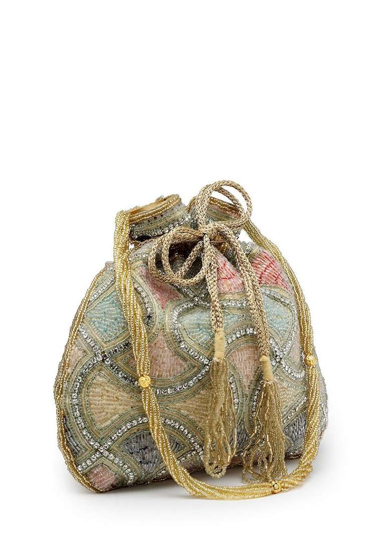 Dangle Gold And Pastel Multi Vermicular Embellished Faux Silk Potli - Indya