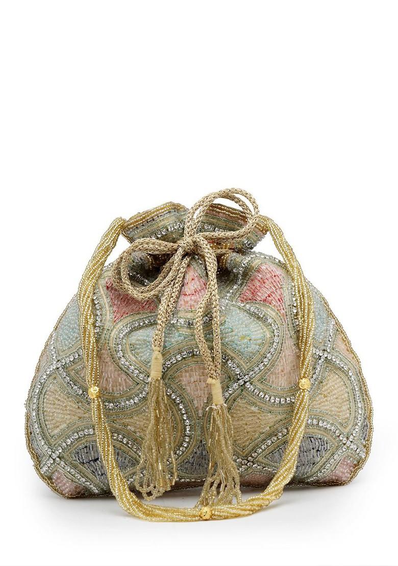 Dangle Gold And Pastel Multi Vermicular Embellished Faux Silk Potli