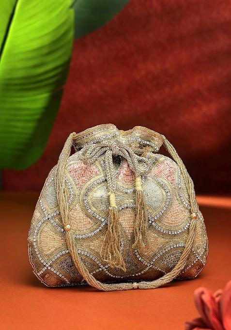 Dangle Gold And Pastel Multi Vermicular Embellished Faux Silk Potli