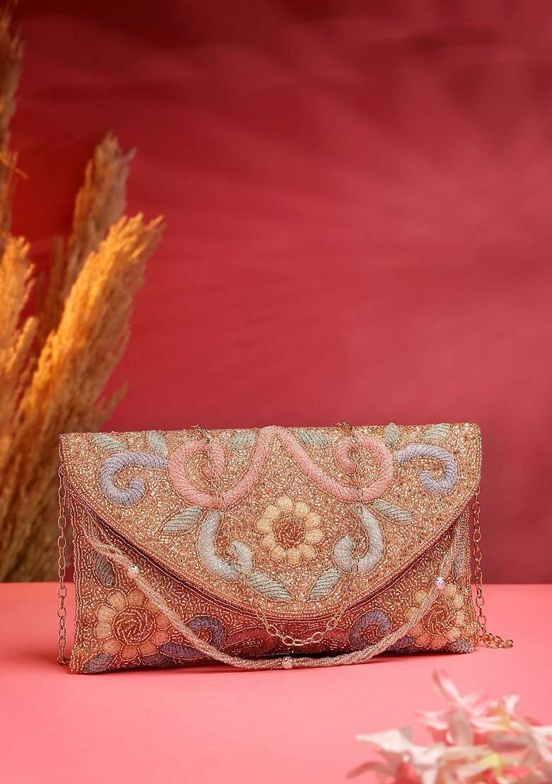 Coral And Multi Floral Embellished Faux Silk Clutch - Indya
