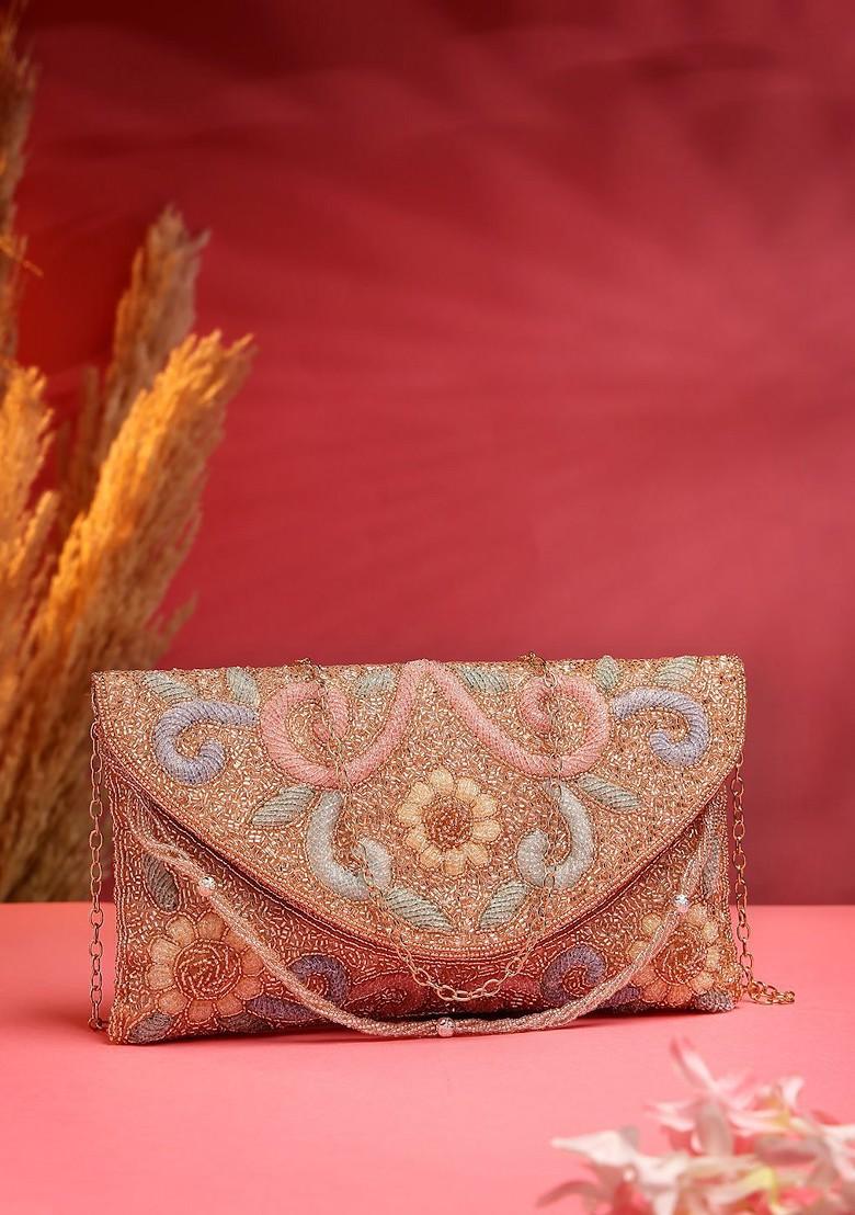 Coral And Multi Floral Embellished Faux Silk Clutch