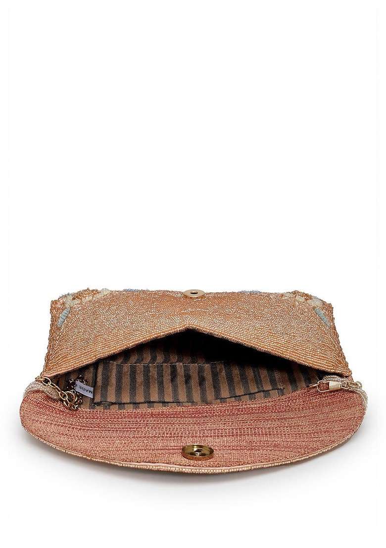 Coral And Multi Floral Embellished Faux Silk Clutch - Indya