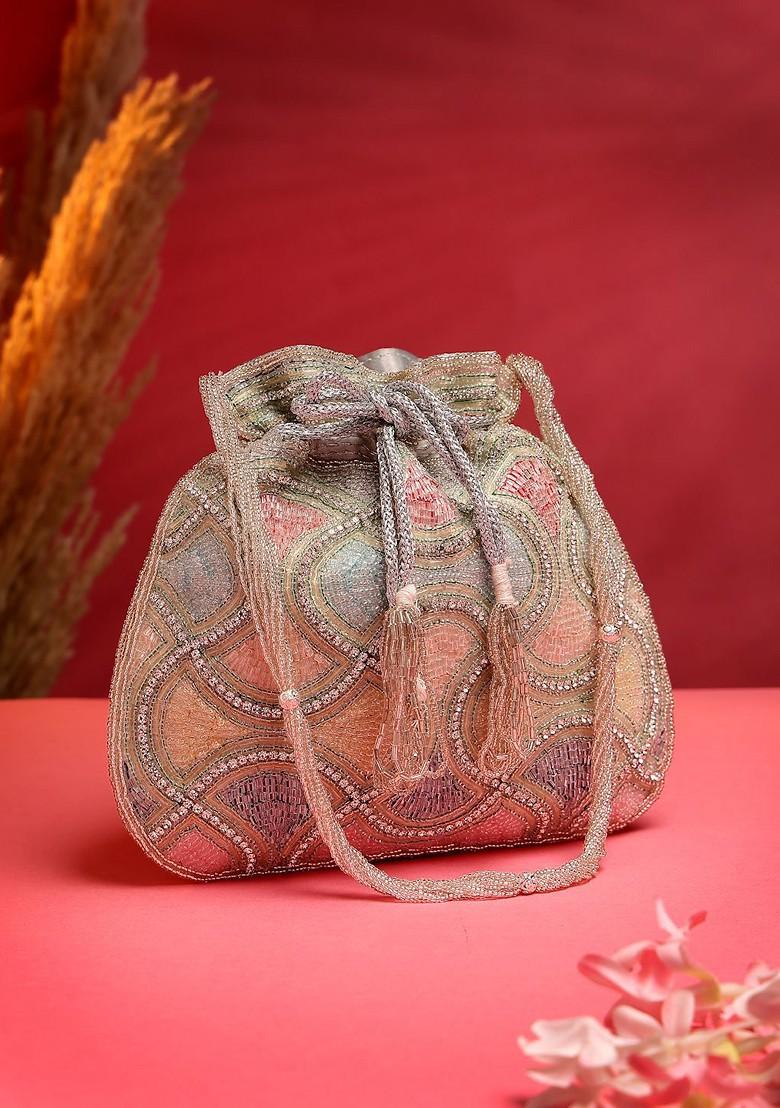 Dangle Silver And Pastel Multi Vermicular Embellished Faux Silk Potli