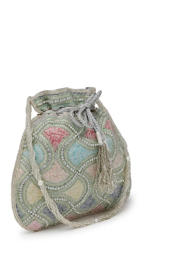 Dangle Silver And Pastel Multi Vermicular Embellished Faux Silk Potli