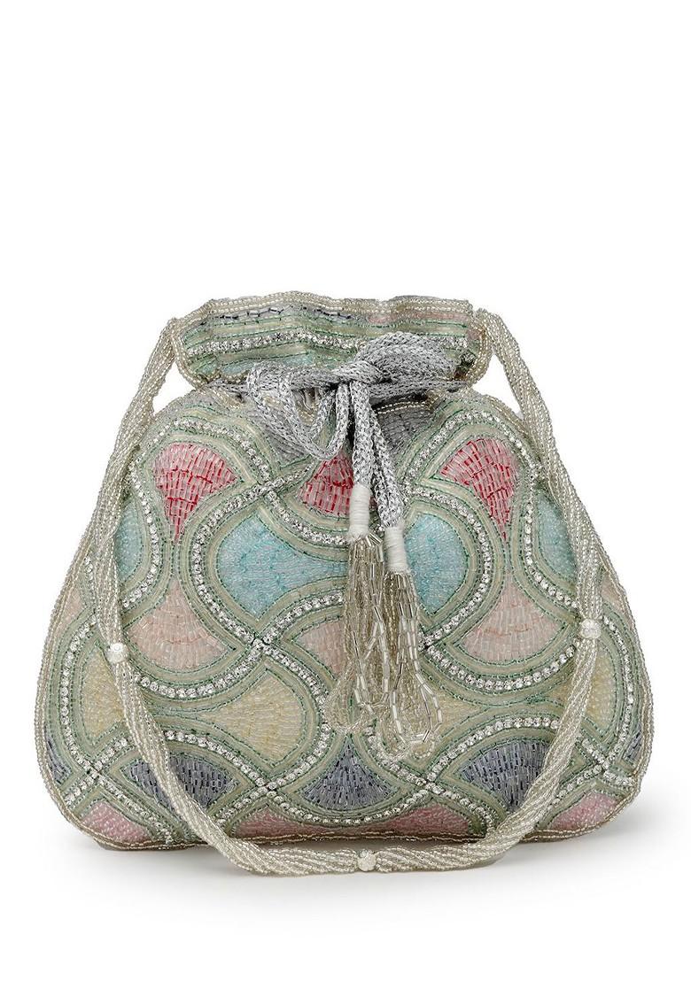 Dangle Silver And Pastel Multi Vermicular Embellished Faux Silk Potli