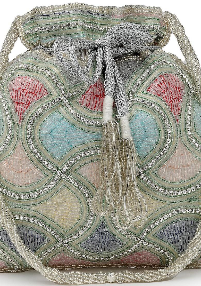 Dangle Silver And Pastel Multi Vermicular Embellished Faux Silk Potli