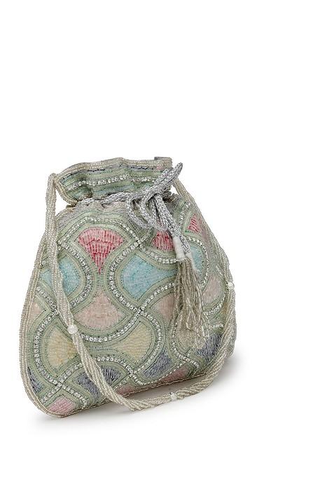 Dangle Silver And Pastel Multi Vermicular Embellished Faux Silk Potli