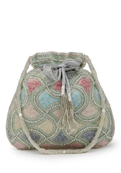 Dangle Silver And Pastel Multi Vermicular Embellished Faux Silk Potli