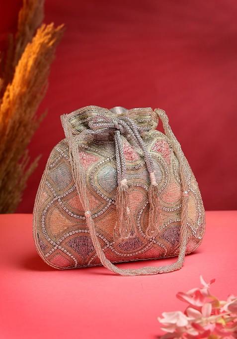 Dangle Silver And Pastel Multi Vermicular Embellished Faux Silk Potli