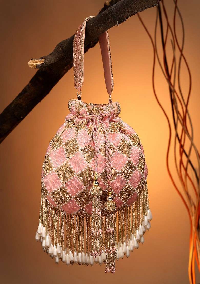 Droop Baby Pink And Gold Diamond Embellished Velvet Potli - Indya