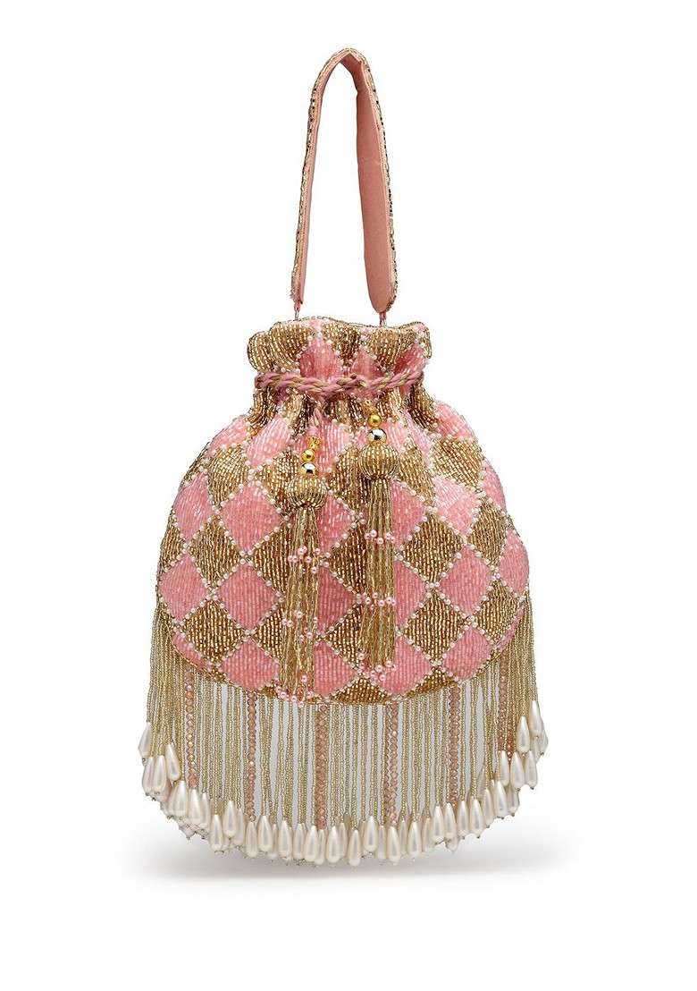 Droop Baby Pink And Gold Diamond Embellished Velvet Potli - Indya