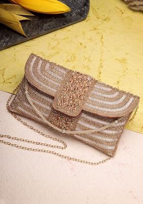 Rose Gold And Pink Stone Work Embellished Faux Silk Clutch