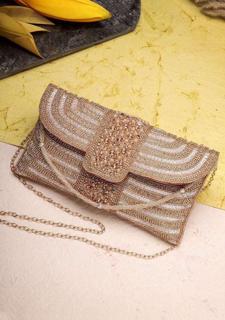 Rose Gold And Pink Stone Work Embellished Faux Silk Clutch - Indya
