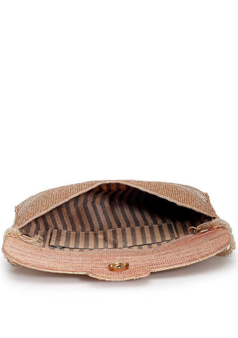 Rose Gold And Pink Stone Work Embellished Faux Silk Clutch