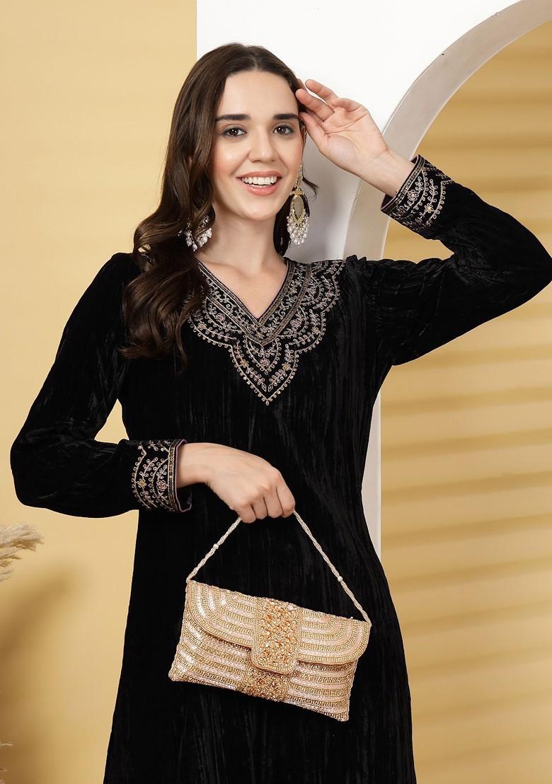 Rose Gold And Pink Stone Work Embellished Faux Silk Clutch