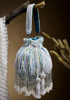 Droop Aqua Blue ; White And Pastel Multi Striped Embellished Velvet Potli