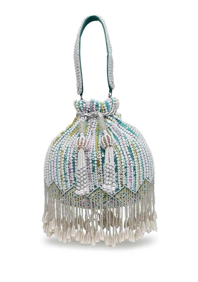 Droop Aqua Blue ; White And Pastel Multi Striped Embellished Velvet Potli