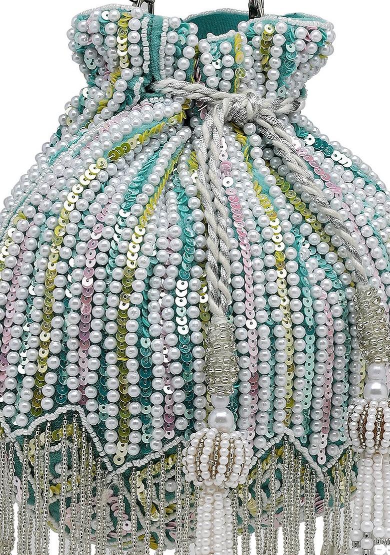 Droop Aqua Blue ; White And Pastel Multi Striped Embellished Velvet Potli
