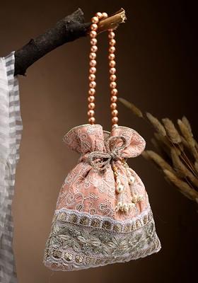 Dangle Peach Parfait And Golden Floral Embroidered Faux Silk Potli