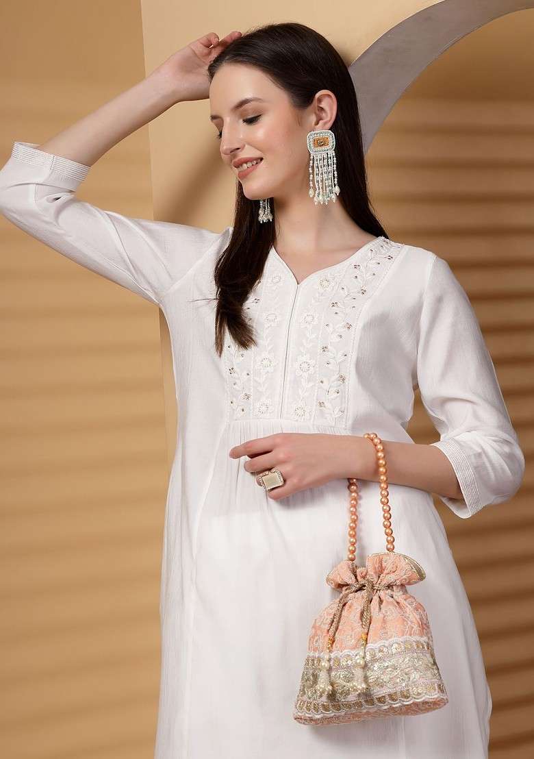 Dangle Peach Parfait And Golden Floral Embroidered Faux Silk Potli - Indya