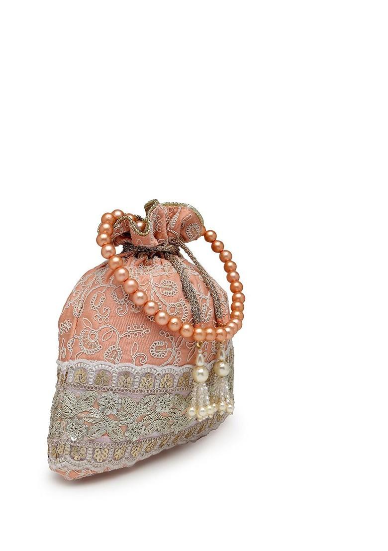 Dangle Peach Parfait And Golden Floral Embroidered Faux Silk Potli