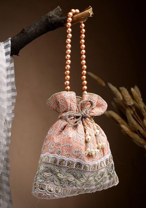 Dangle Peach Parfait And Golden Floral Embroidered Faux Silk Potli