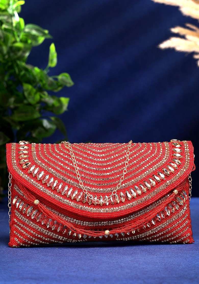 Red And Gold Stone Work Embellished Faux Silk Clutch - Indya