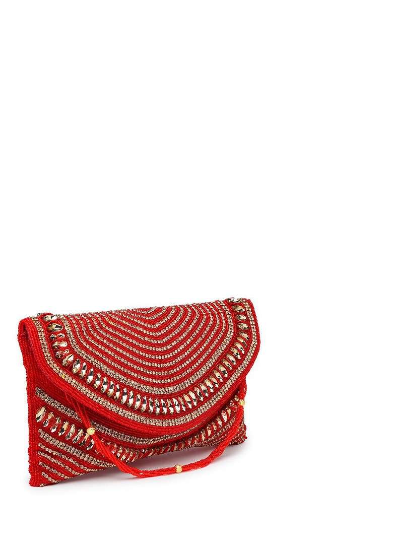Red And Gold Stone Work Embellished Faux Silk Clutch - Indya