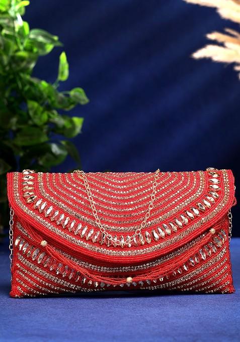 Red And Gold Stone Work Embellished Faux Silk Clutch