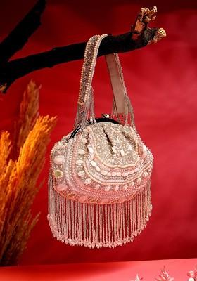 Droop White And Pastel Multi Bead Work Embellished Faux Silk Clutch