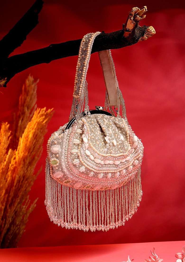 Droop White And Pastel Multi Bead Work Embellished Faux Silk Clutch - Indya