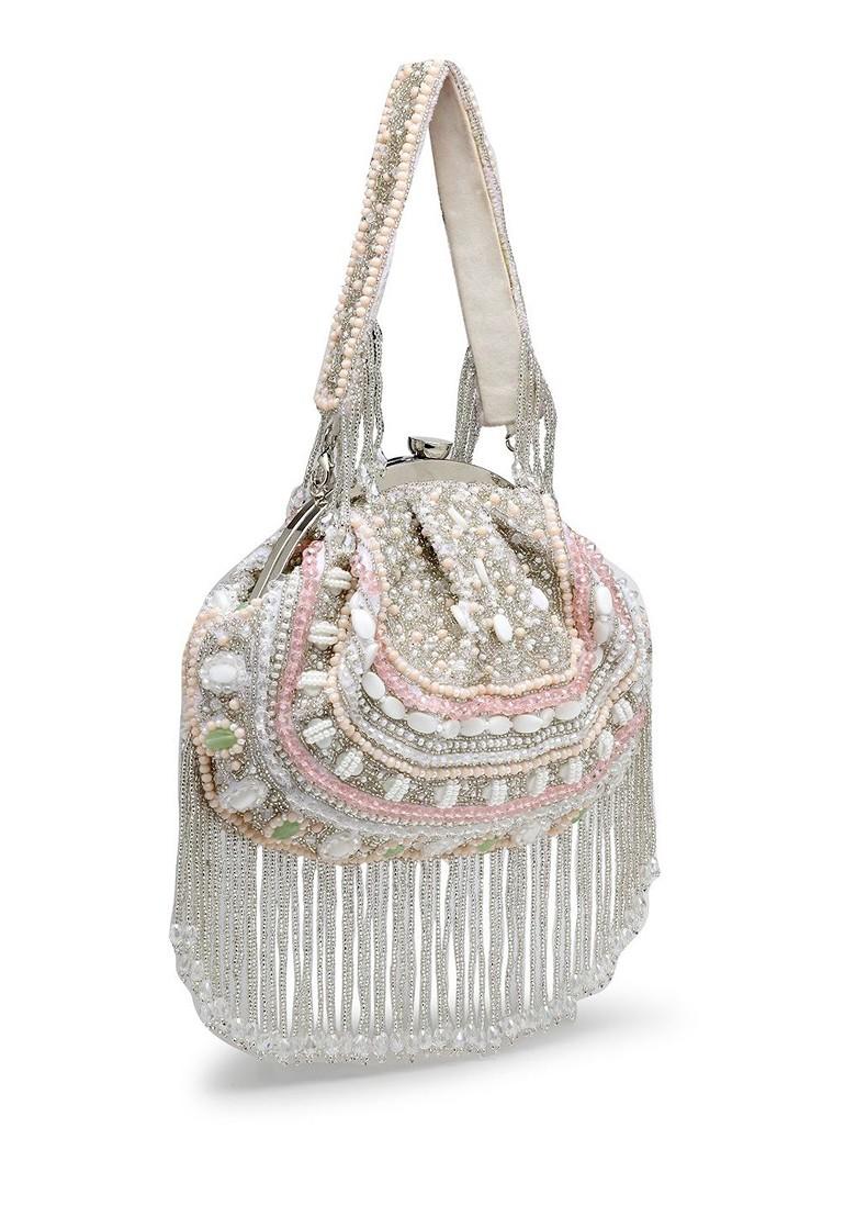 Droop White And Pastel Multi Bead Work Embellished Faux Silk Clutch
