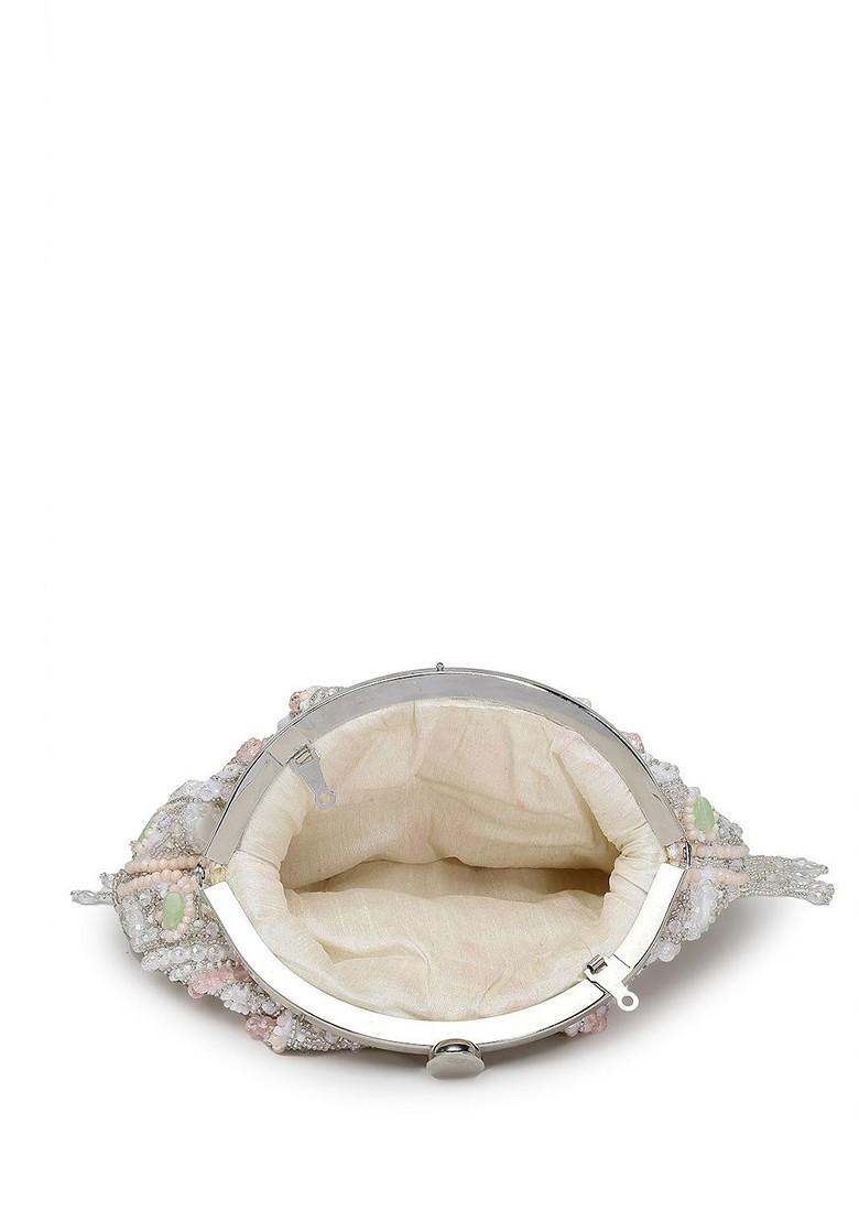 Droop White And Pastel Multi Bead Work Embellished Faux Silk Clutch