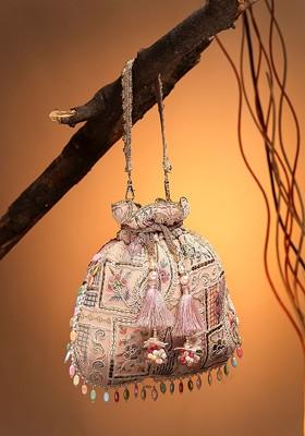 Dangle Baby Pink And Multi Abstract Embroidered Georgette Potli