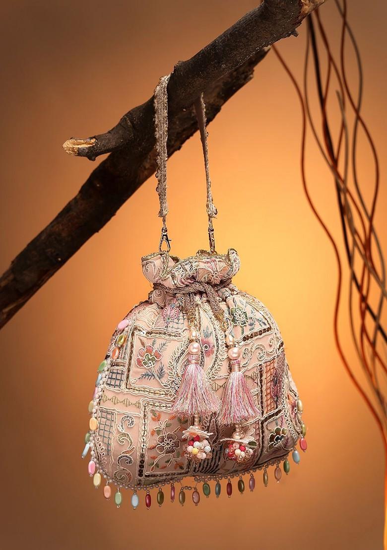 Dangle Baby Pink And Multi Abstract Embroidered Georgette Potli