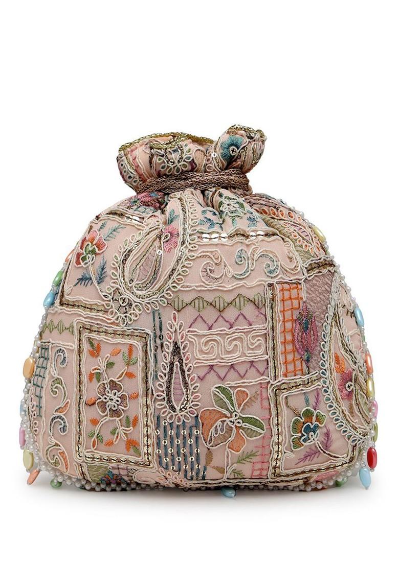 Dangle Baby Pink And Multi Abstract Embroidered Georgette Potli