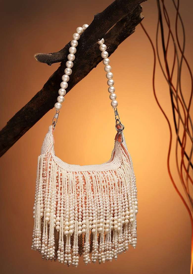 Droop Coral And Pearl White Pearl Embellished Velvet Clutch - Indya