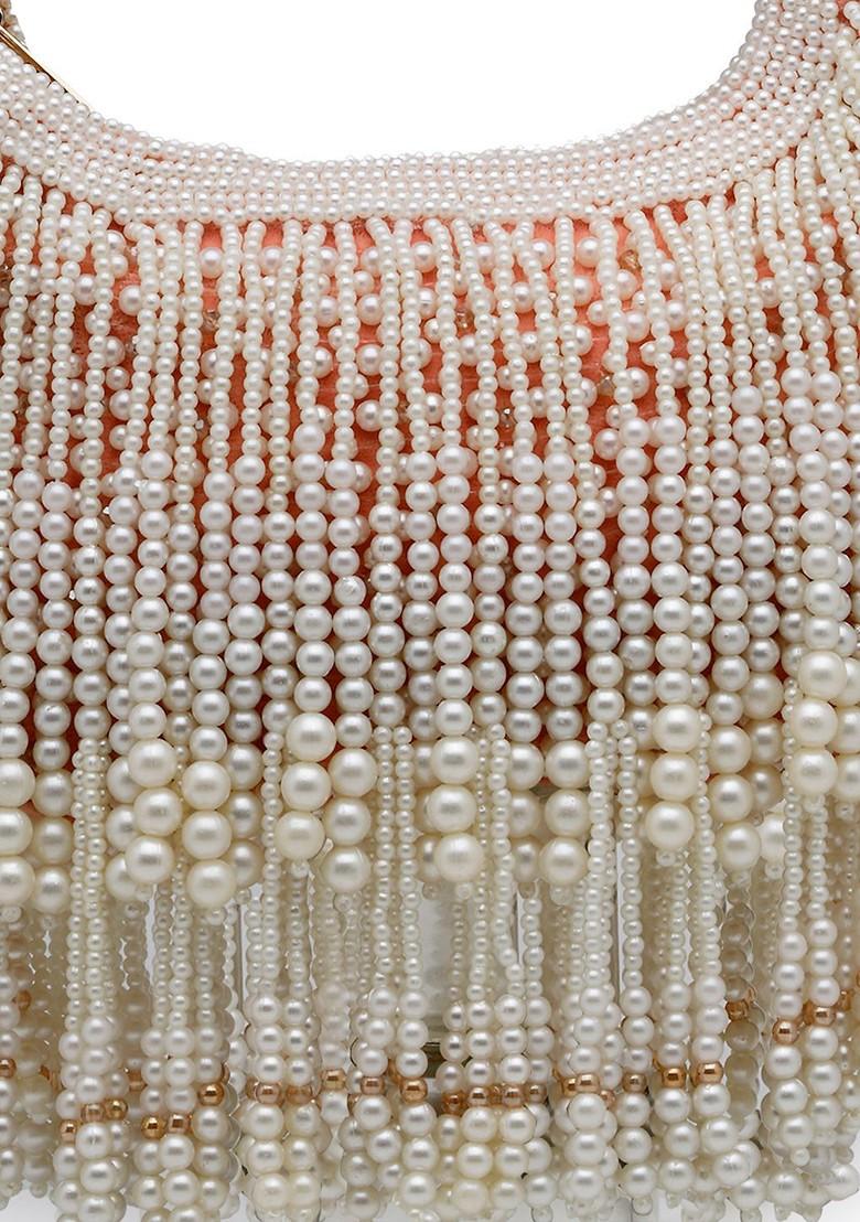 Droop Coral And Pearl White Pearl Embellished Velvet Clutch