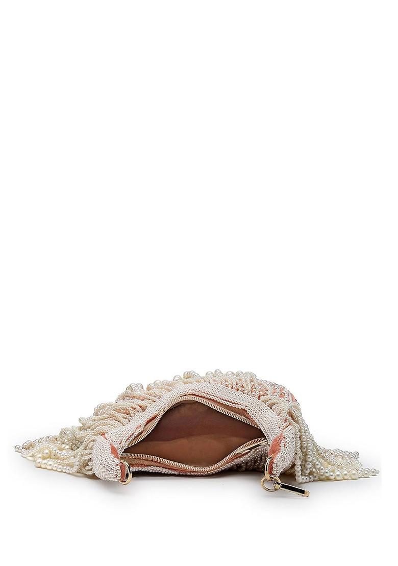 Droop Coral And Pearl White Pearl Embellished Velvet Clutch