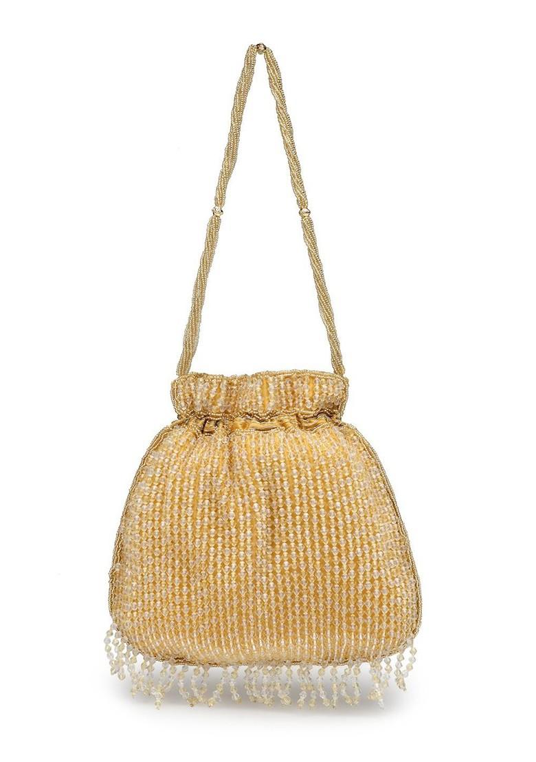 Dangle Gold Striped Embellished Faux Silk Potli