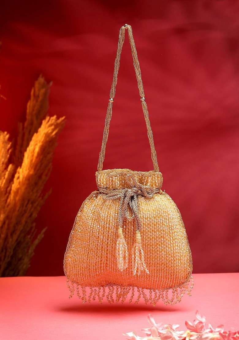 Dangle Gold Striped Embellished Faux Silk Potli - Indya