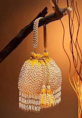 Droop Honey Yellow And Pearl Chevron Embellished Velvet Potli