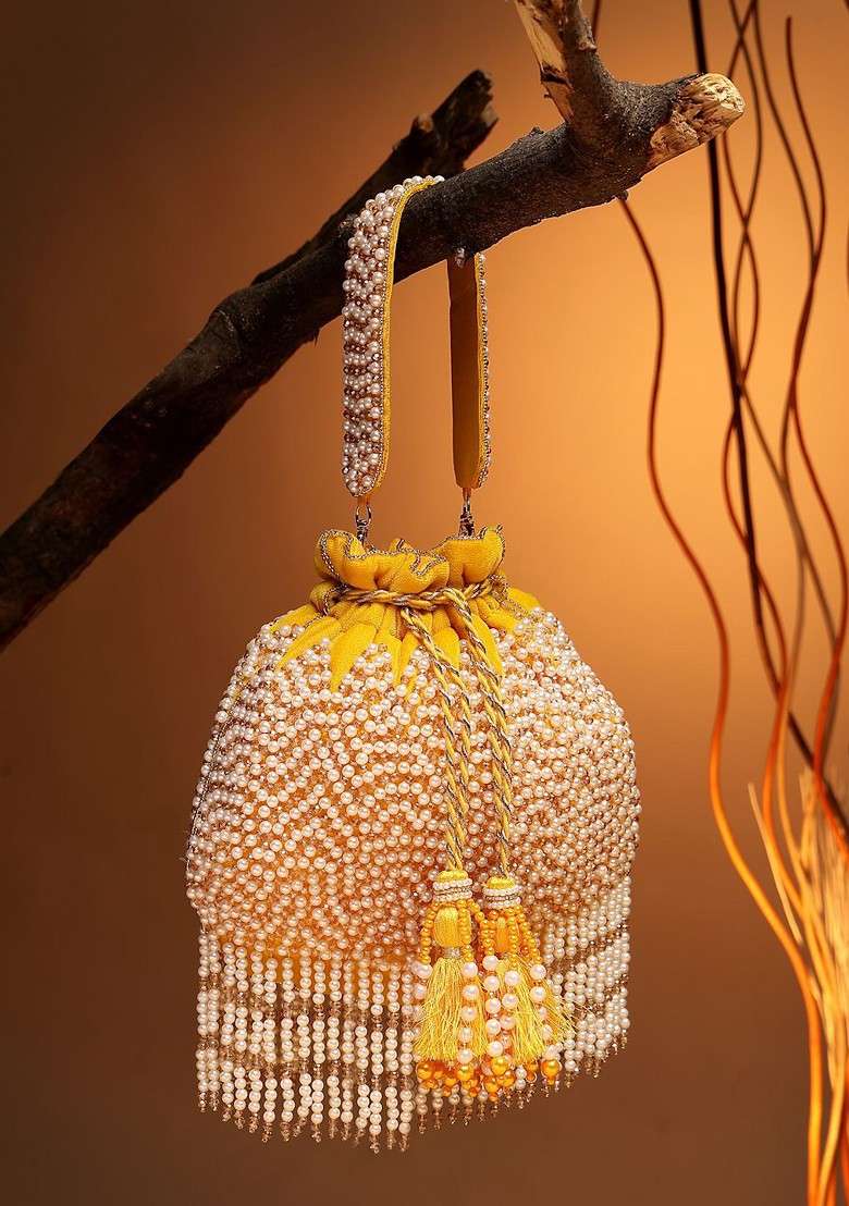 Droop Honey Yellow And Pearl Chevron Embellished Velvet Potli - Indya