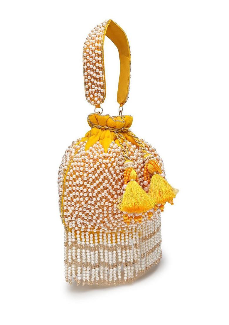 Droop Honey Yellow And Pearl Chevron Embellished Velvet Potli