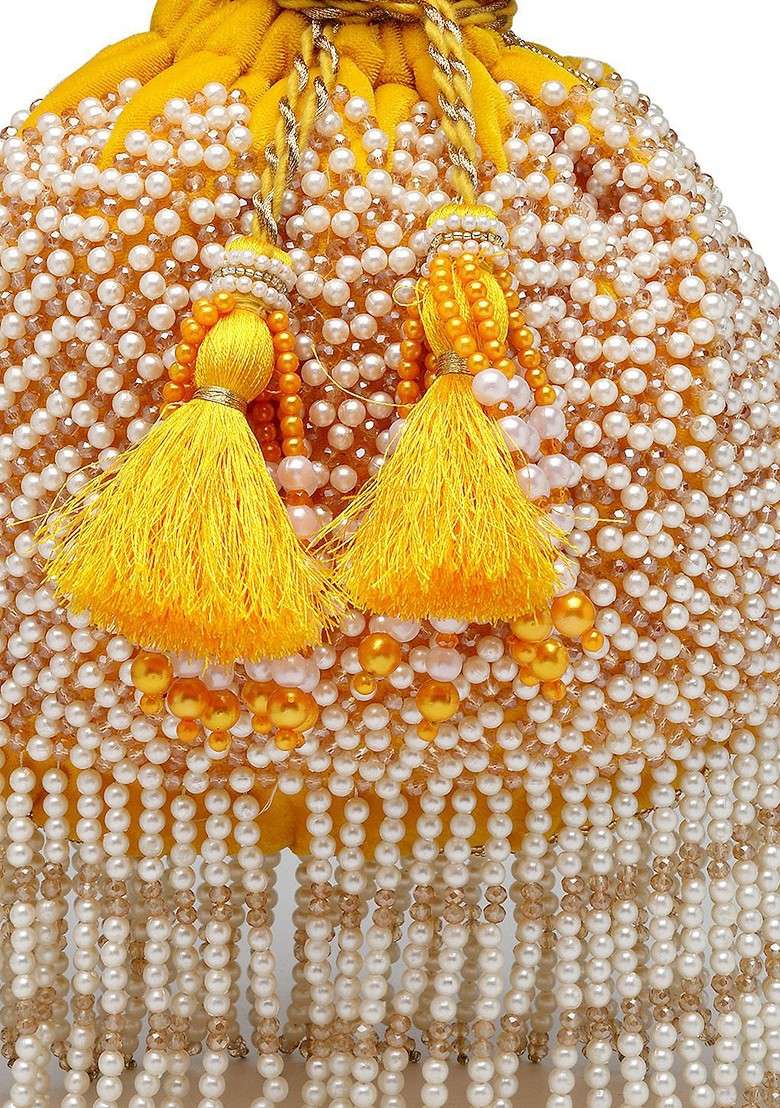 Droop Honey Yellow And Pearl Chevron Embellished Velvet Potli - Indya