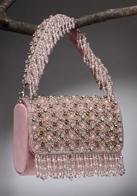 Coffer Mauve And Metallic Gold Stone Work Embellished Suede Clutch