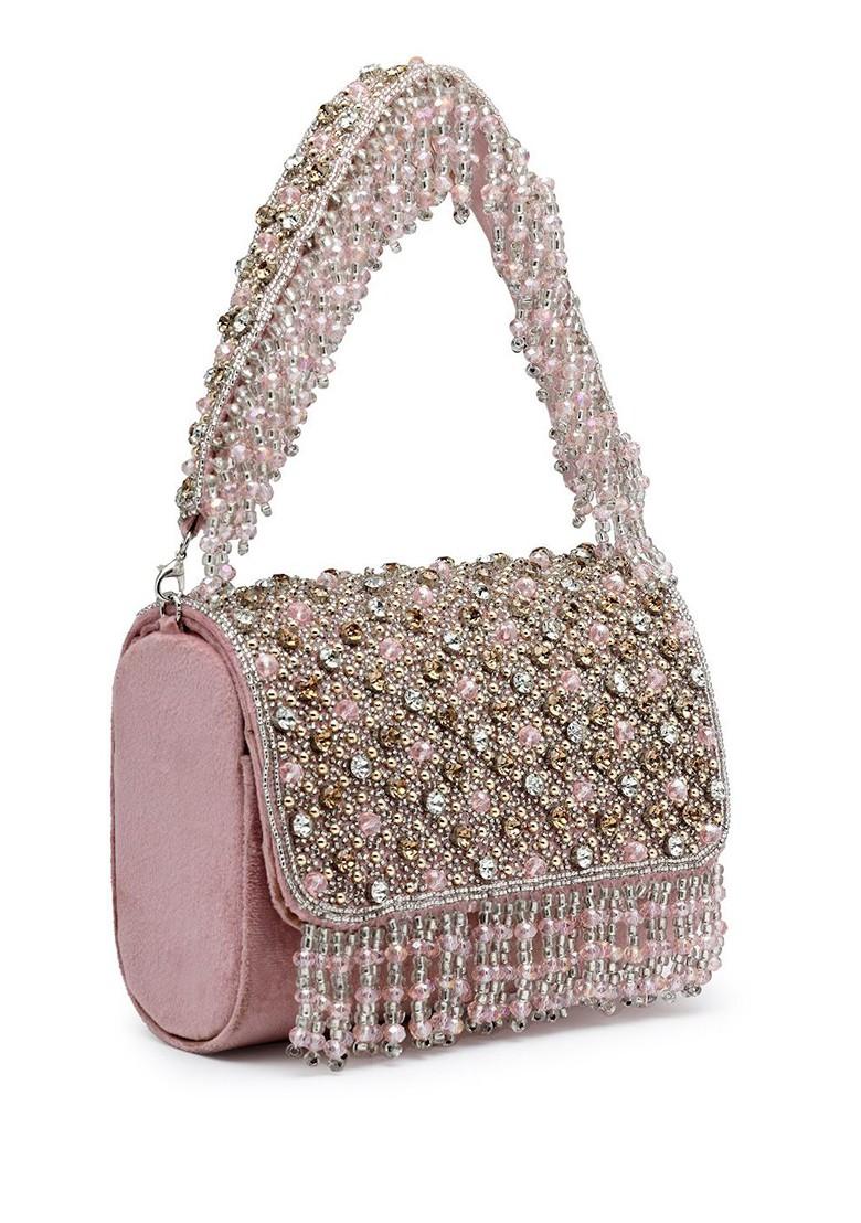 Coffer Mauve And Metallic Gold Stone Work Embellished Suede Clutch