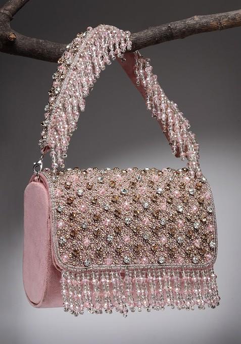 Coffer Mauve And Metallic Gold Stone Work Embellished Suede Clutch